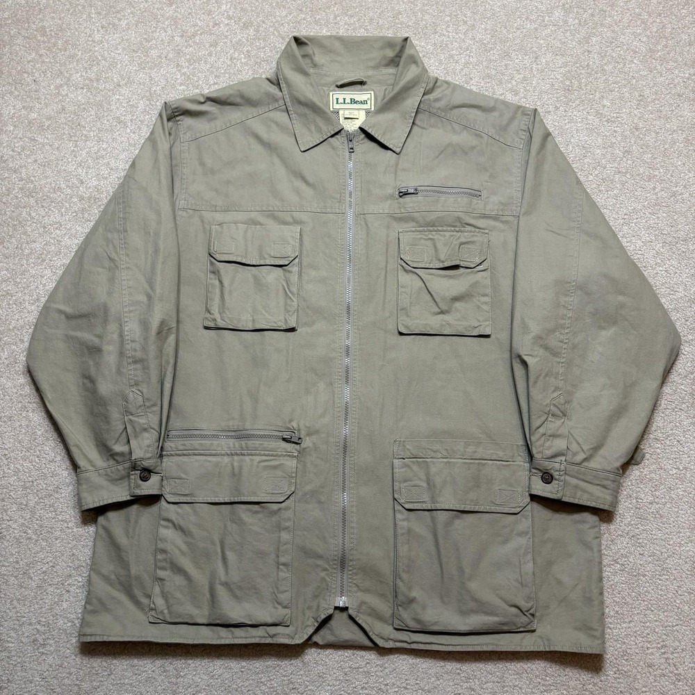 Vtg LL Bean Safari Jacket Mens XLT Khaki Zip Multi Pocket Field Barn Utility 90s